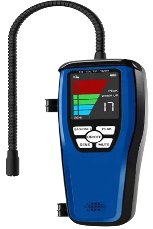 Plumbing leak detector tool, essential for professional plumbing services to detect gas leaks. Handheld device with a flexible sensor probe.