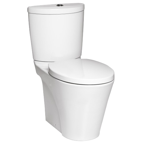 Modern, white two-piece toilet for plumbing installations. Ideal for residential or commercial bathrooms. Plumbing services in Oviedo, FL.
