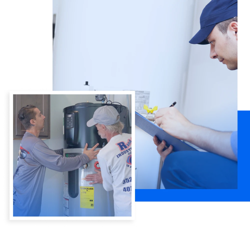 Orlando, FL: Two HVAC technicians inspecting a water heater, with a third taking notes. Consider duct cleaning in Orlando, FL for optimal air quality.