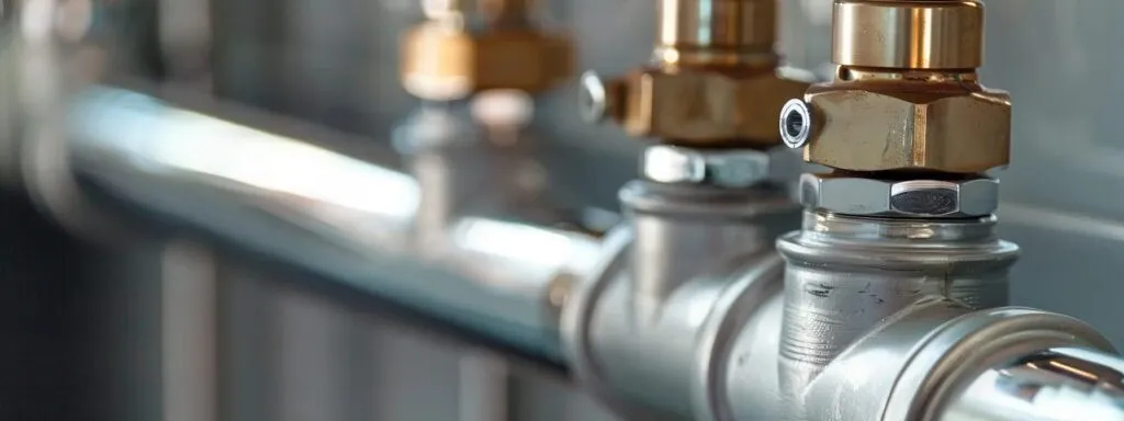 Close-up of plumbing valves and pipes, highlighting quality materials and connections relevant to plumbing services in Oviedo.