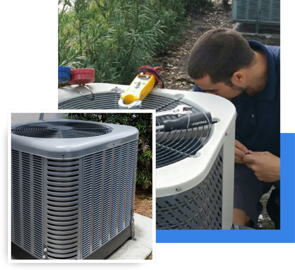 Air conditioning unit being serviced by technician, featuring tools and equipment, in a residential outdoor setting, highlighting R&A Industries' AC repair expertise in Orlando.