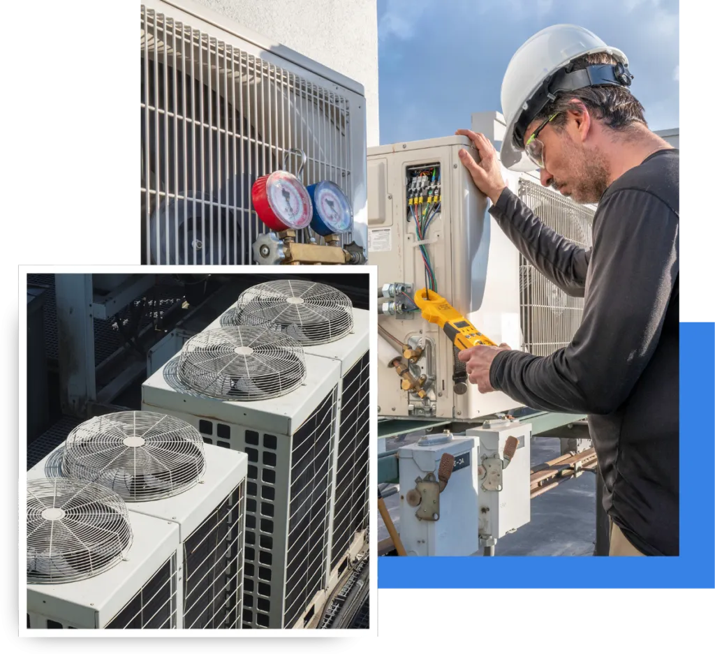 Technician servicing commercial HVAC system with gauges and tools, featuring rooftop air conditioning units, showcasing R&A Industries' expertise in Oviedo's HVAC services.