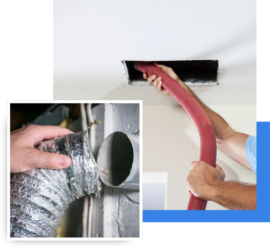 Hands using a red vacuum hose on a duct vent and connecting a flexible metal duct, illustrating professional duct cleaning services for improved indoor air quality in Oviedo, FL.