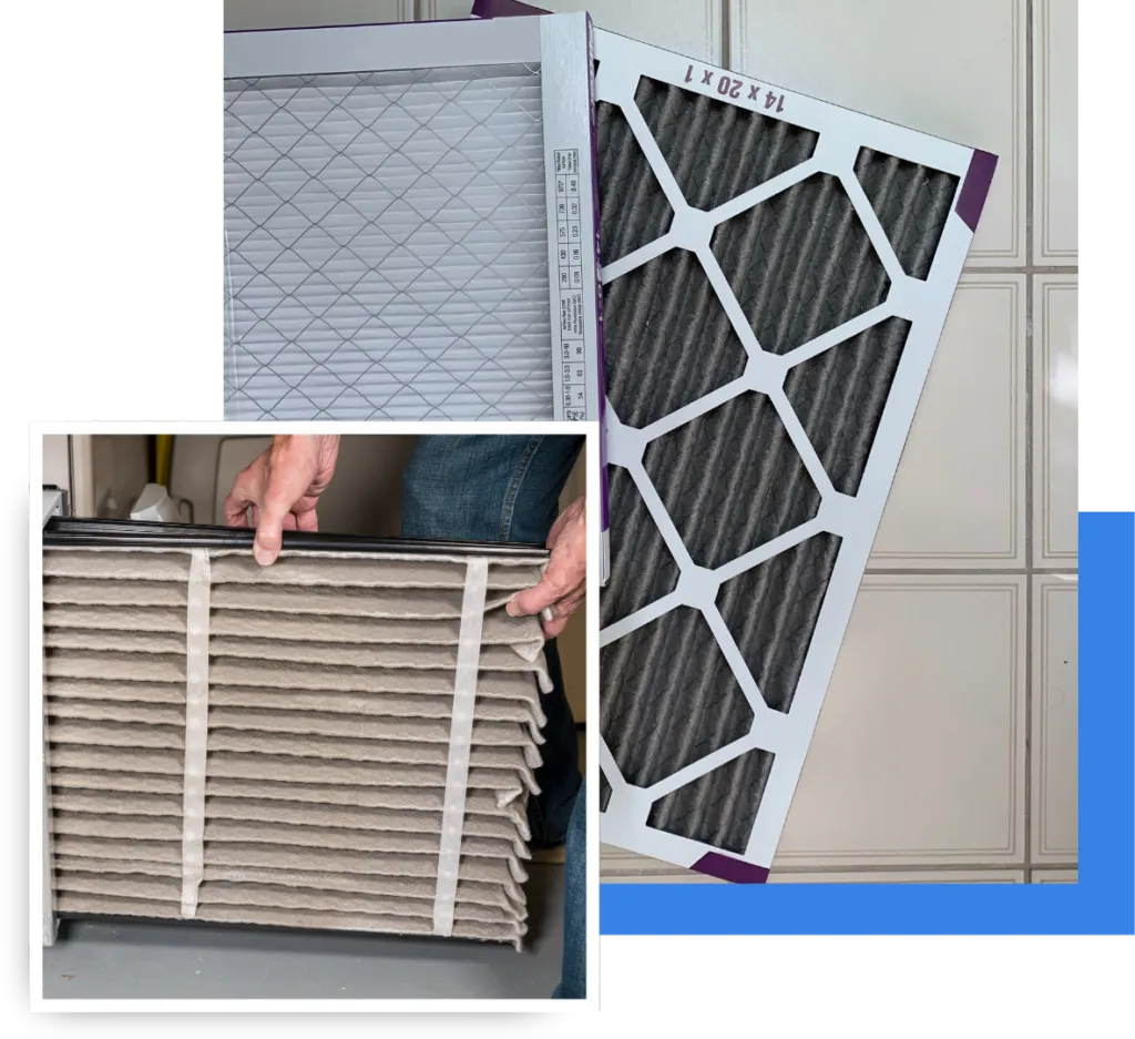 Air filters for HVAC systems, showcasing a person handling multiple filters and a close-up of a single filter, emphasizing air quality improvement and maintenance services in Oviedo, FL.
