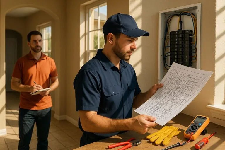Electrician inspecting electrical panel and wiring diagram in Orlando home, ensuring safe electrical service.