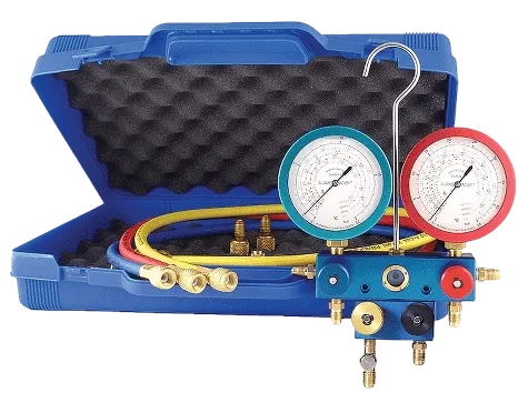 Manifold gauge set with color-coded hoses used for accurate Emergency AC Service diagnostics on cooling systems in Oviedo, FL.