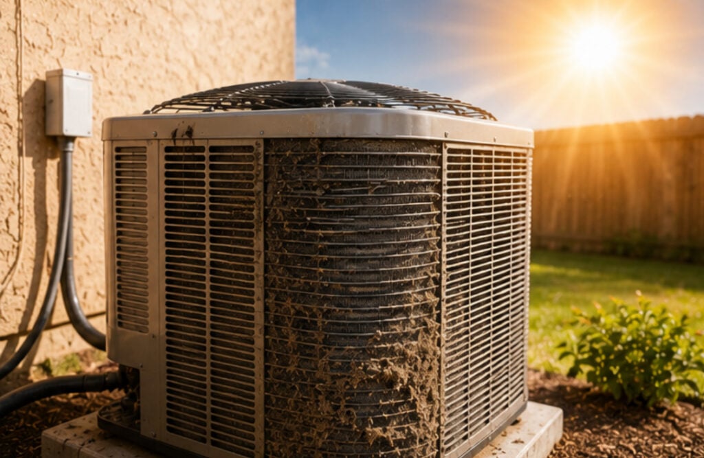 A dirty residential AC unit with clogged coils sitting outside in the bright sun during a hot summer day in Oviedo, FL.