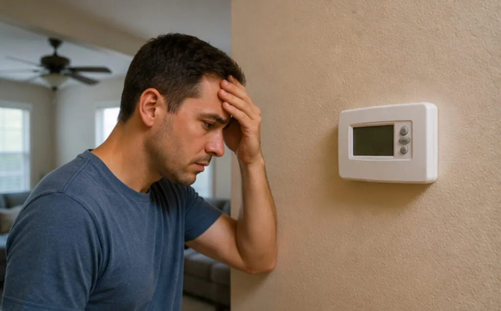 Frustrated man looking at wall thermostat because his AC systems fail to cool the home effectively during an Oviedo heatwave.