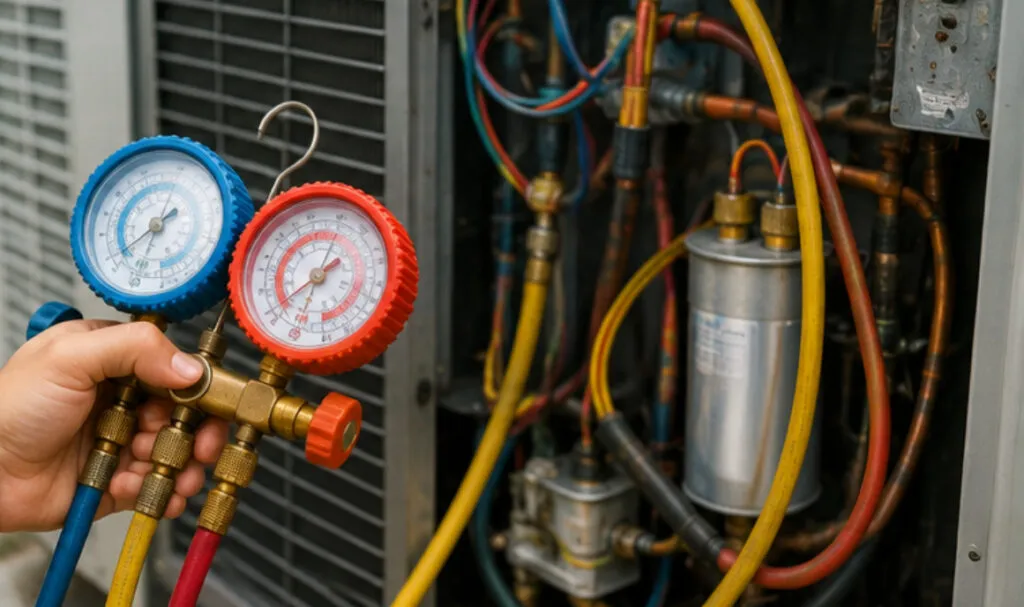 Hand holding HVAC manifold gauges to check pressure in residential AC systems struggling during an intense Oviedo heatwave
