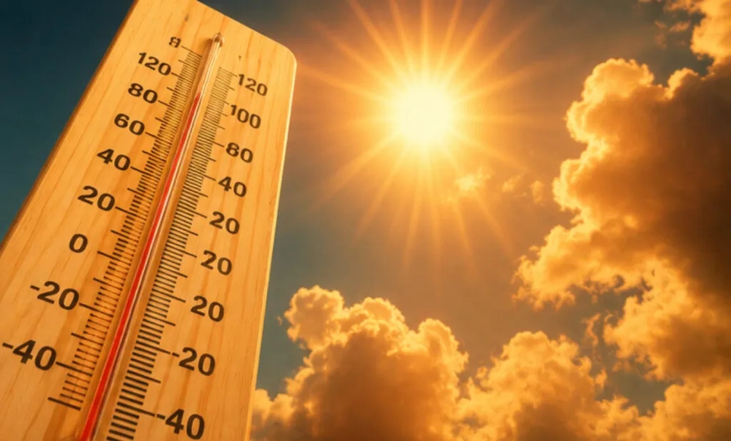 Wooden thermometer shows high temperatures under a bright sun and clouds, reflecting typical Oviedo heatwaves and AC strain.