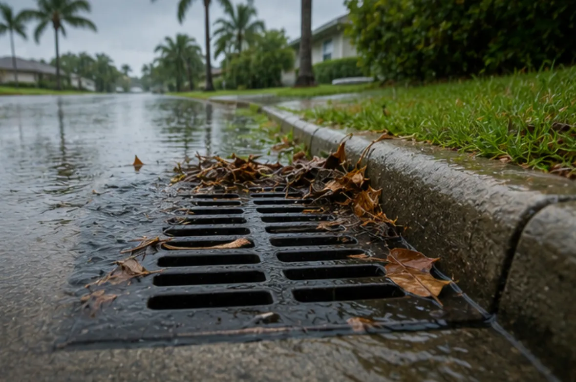 Rain-filled street drain with leaves and debris, Oviedo Florida plumbing issues during heavy rain.