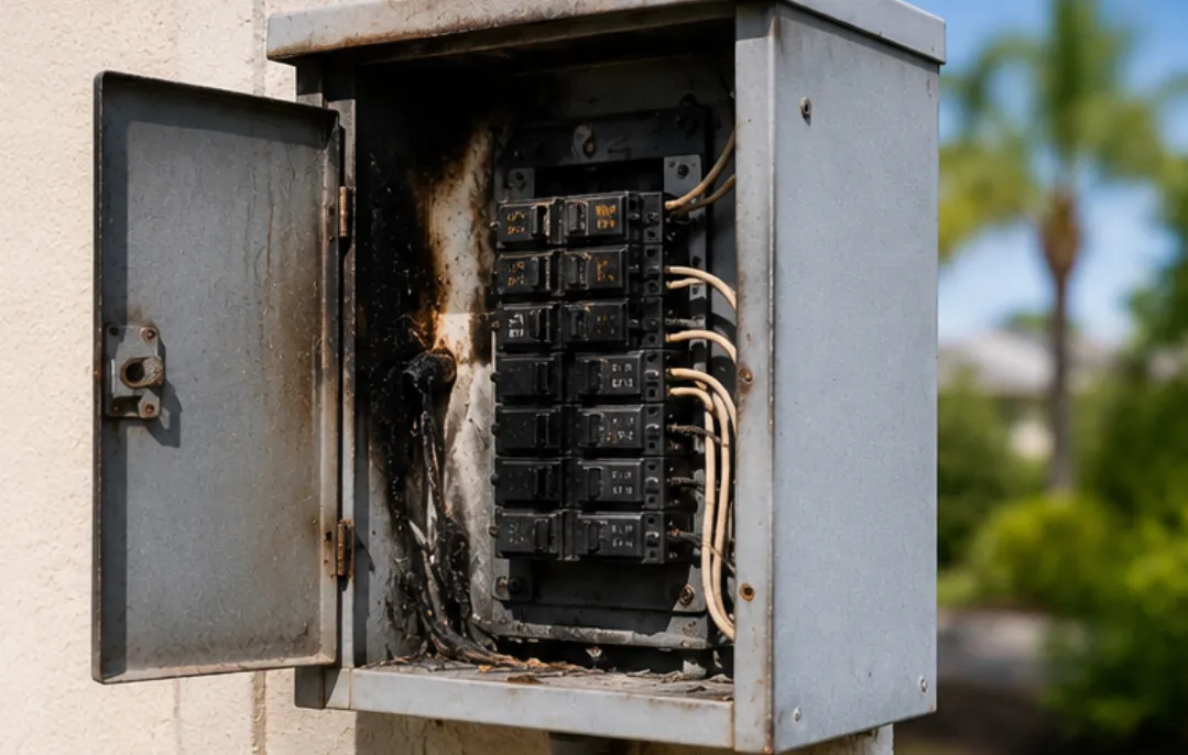 Damaged electrical panel with tripped breakers and burn marks, warning sign of electrical issues during extreme heat in Oviedo, Florida.