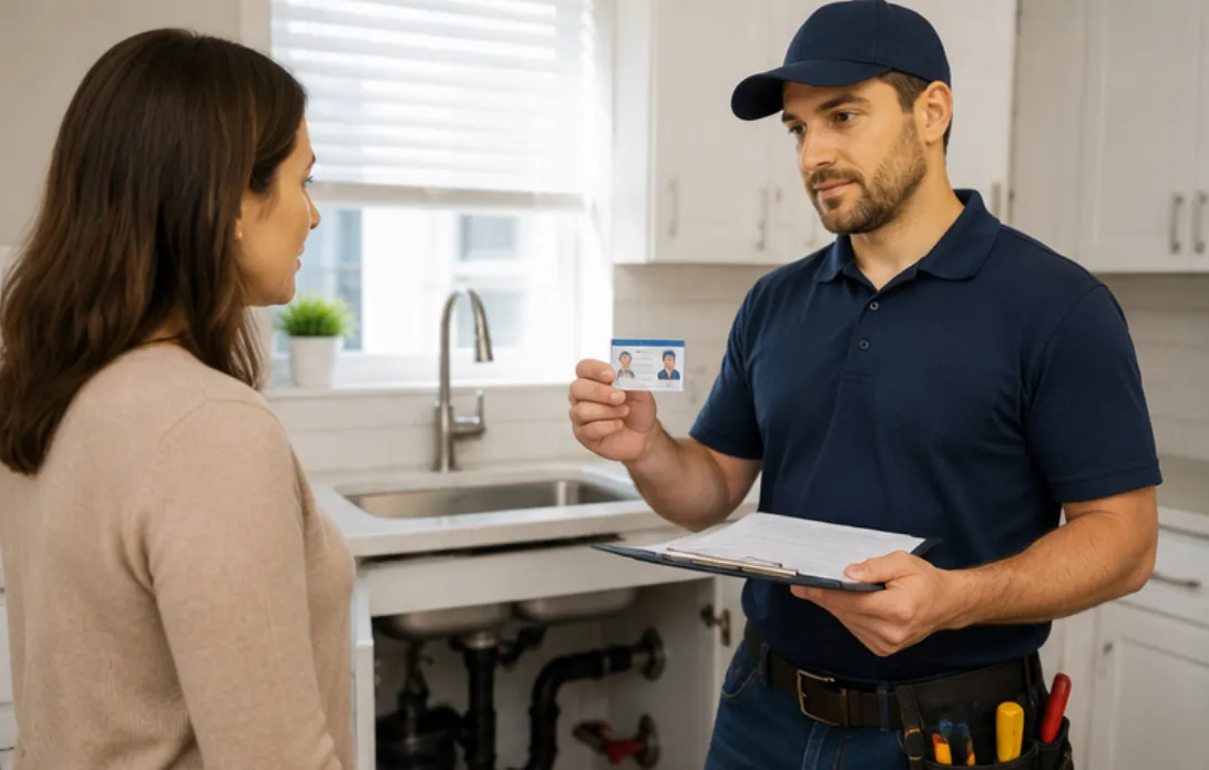 Licensed Oviedo contractor displaying credentials to homeowner, verifying qualifications for plumbing and electrical work.
