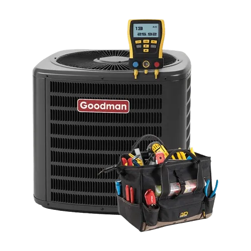 Goodman air conditioner outdoor unit with digital pressure gauge and tool bag full of equipment for cooling repair in Orlando