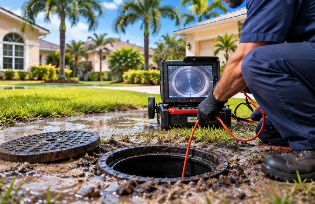 Sewer camera inspection after Florida's rainy summer: technician feeds a push rod into an open manhole beside a monitor in Oviedo, FL.
