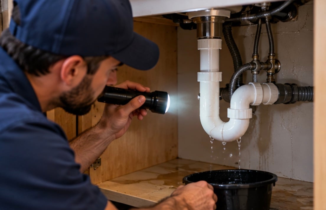 Plumber using flashlight to inspect a leaking P-trap under a sink for a plumbing inspection after Florida's rainy summer.