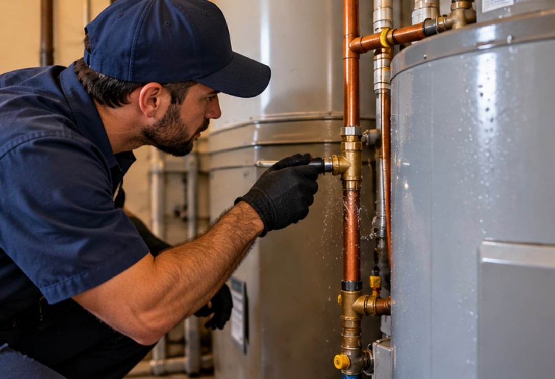 Plumbing inspection of a dripping copper pipe fitting beside a water heater after Florida's rainy summer in Oviedo, FL.